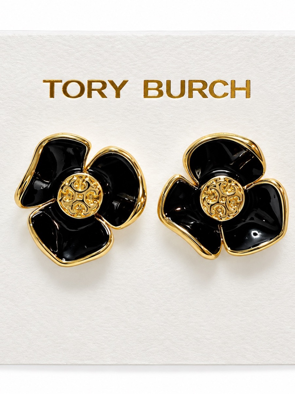 Tory Burch Black and Gold Flower Stud Earrings